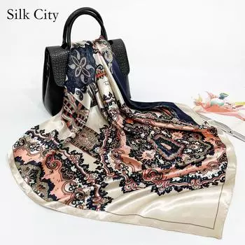 Высококачественные роскошные шелковые шарфы, повязка на голову, шарфы, шейный шарф для женщин, шелковый шарф с цепочкой, женская декоративная шаль 90*90cm