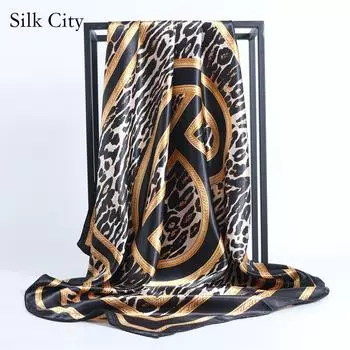 Высококачественные роскошные шелковые шарфы, повязка на голову, шарфы, шейный шарф для женщин, шелковый шарф с цепочкой, женская декоративная шаль 90*90cm чёрный