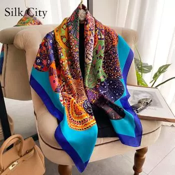 Высококачественные роскошные шелковые шарфы, повязка на голову, шарфы, шейный шарф для женщин, шелковый шарф с цепочкой, женская декоративная шаль 110-110cm