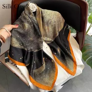 Высококачественные роскошные шелковые шарфы, повязка на голову, шарфы, шейный шарф для женщин, шелковый шарф с цепочкой, женская декоративная шаль 90-90cm