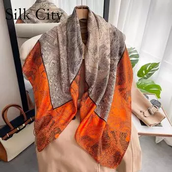 Высококачественные роскошные шелковые шарфы, повязка на голову, шарфы, шейный шарф для женщин, шелковый шарф с цепочкой, женская декоративная шаль 110*110cm жёлтый