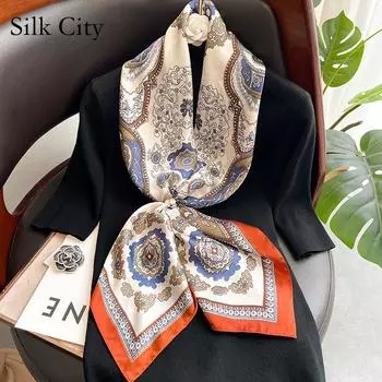 Высококачественные роскошные шелковые шарфы, повязка на голову, шарфы, шейный шарф для женщин, шелковый шарф с цепочкой, женская декоративная шаль 90-90cm