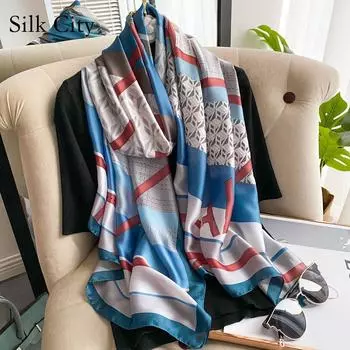 Высококачественные роскошные шелковые шарфы, повязка на голову, шарфы, шейный шарф для женщин, шелковый шарф с цепочкой, женская декоративная шаль 180-90cm