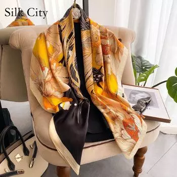 Высококачественные роскошные шелковые шарфы, повязка на голову, шарфы, шейный шарф для женщин, шелковый шарф с цепочкой, женская декоративная шаль 110-110cm