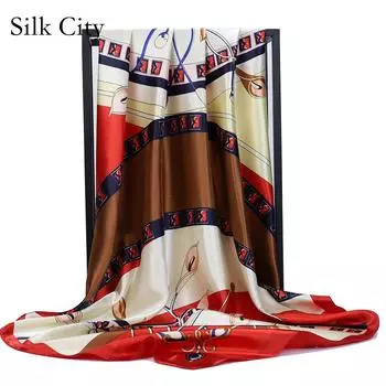 Высококачественные роскошные шелковые шарфы, повязка на голову, шарфы, шейный шарф для женщин, шелковый шарф с цепочкой, женская декоративная шаль 90*90cm