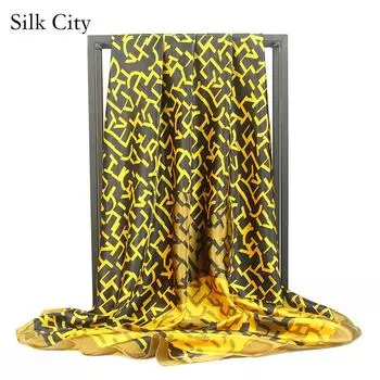 Высококачественные роскошные шелковые шарфы, повязка на голову, шарфы, шейный шарф для женщин, шелковый шарф с цепочкой, женская декоративная шаль 90*90cm