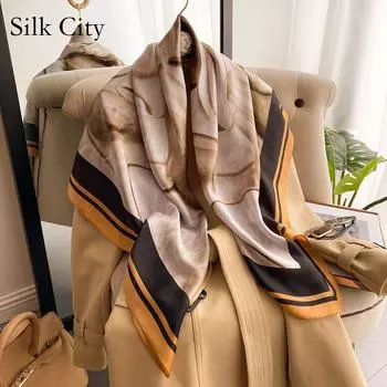 Высококачественные роскошные шелковые шарфы, повязка на голову, шарфы, шейный шарф для женщин, шелковый шарф с цепочкой, женская декоративная шаль 110-110cm