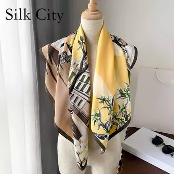 Высококачественные роскошные шелковые шарфы, повязка на голову, шарфы, шейный шарф для женщин, шелковый шарф с цепочкой, женская декоративная шаль 90*90cm