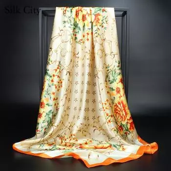 Высококачественные роскошные шелковые шарфы, повязка на голову, шарфы, шейный шарф для женщин, шелковый шарф с цепочкой, женская декоративная шаль 90*90cm