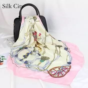 Высококачественные роскошные шелковые шарфы, повязка на голову, шарфы, шейный шарф для женщин, шелковый шарф с цепочкой, женская декоративная шаль 90*90cm красный