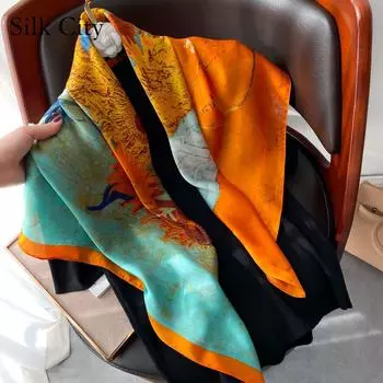 Высококачественные роскошные шелковые шарфы, повязка на голову, шарфы, шейный шарф для женщин, шелковый шарф с цепочкой, женская декоративная шаль 90-90cm