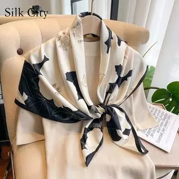 Высококачественные роскошные шелковые шарфы, повязка на голову, шарфы, шейный шарф для женщин, шелковый шарф с цепочкой, женская декоративная шаль 90-90cm