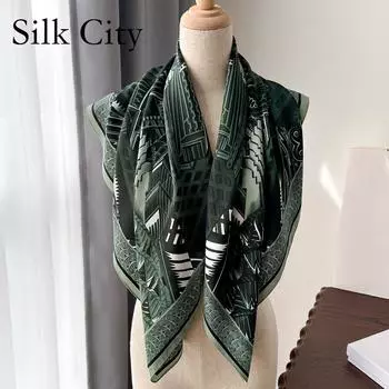 Высококачественные роскошные шелковые шарфы, повязка на голову, шарфы, шейный шарф для женщин, шелковый шарф с цепочкой, женская декоративная шаль 90*90cm темно-коричневого