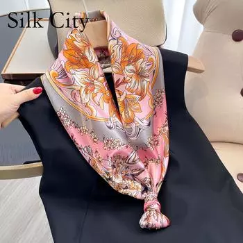 Высококачественные роскошные шелковые шарфы, повязка на голову, шарфы, шейный шарф для женщин, шелковый шарф с цепочкой, женская декоративная шаль 90*90cm