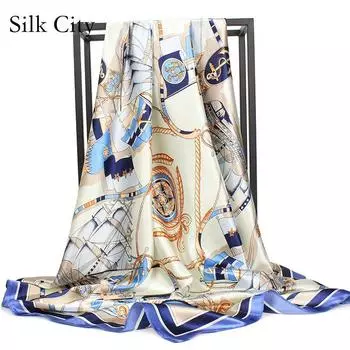 Высококачественные роскошные шелковые шарфы, повязка на голову, шарфы, шейный шарф для женщин, шелковый шарф с цепочкой, женская декоративная шаль 90*90cm хаки