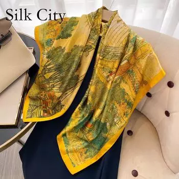 Высококачественные роскошные шелковые шарфы, повязка на голову, шарфы, шейный шарф для женщин, шелковый шарф с цепочкой, женская декоративная шаль 90*90cm