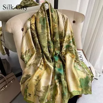 Высококачественные роскошные шелковые шарфы, повязка на голову, шарфы, шейный шарф для женщин, шелковый шарф с цепочкой, женская декоративная шаль 180-90cm