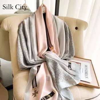 Высококачественные роскошные шелковые шарфы, повязка на голову, шарфы, шейный шарф для женщин, шелковый шарф с цепочкой, женская декоративная шаль 180-90cm