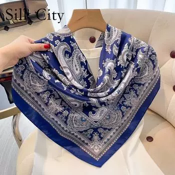 Высококачественные роскошные шелковые шарфы, повязка на голову, шарфы, шейный шарф для женщин, шелковый шарф с цепочкой, женская декоративная шаль 90*90cm синий