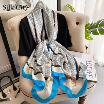 Высококачественные роскошные шелковые шарфы, повязка на голову, шарфы, шейный шарф для женщин, шелковый шарф с цепочкой, женская декоративная шаль 180-90cm