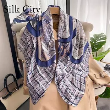 Высококачественные роскошные шелковые шарфы, повязка на голову, шарфы, шейный шарф для женщин, шелковый шарф с цепочкой, женская декоративная шаль 110*110cm серый