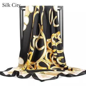Высококачественные роскошные шелковые шарфы, повязка на голову, шарфы, шейный шарф для женщин, шелковый шарф с цепочкой, женская декоративная шаль 90*90cm