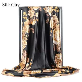 Высококачественные роскошные шелковые шарфы, повязка на голову, шарфы, шейный шарф для женщин, шелковый шарф с цепочкой, женская декоративная шаль 90*90cm жёлтый