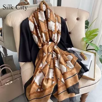 Высококачественные роскошные шелковые шарфы, повязка на голову, шарфы, шейный шарф для женщин, шелковый шарф с цепочкой, женская декоративная шаль 180-90cm