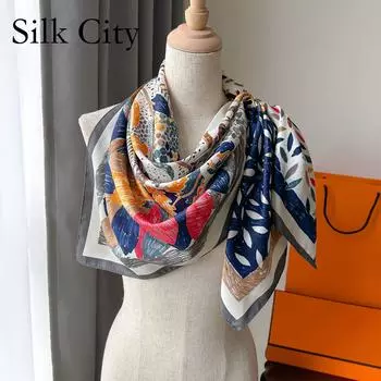 Высококачественные роскошные шелковые шарфы, повязка на голову, шарфы, шейный шарф для женщин, шелковый шарф с цепочкой, женская декоративная шаль 90*90cm синий