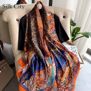 Высококачественные роскошные шелковые шарфы, повязка на голову, шарфы, шейный шарф для женщин, шелковый шарф с цепочкой, женская декоративная шаль 180-90cm