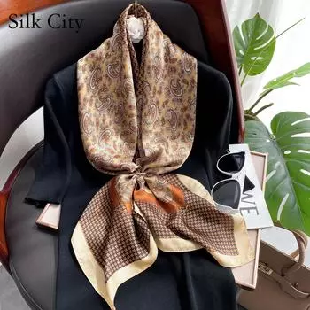 Высококачественные роскошные шелковые шарфы, повязка на голову, шарфы, шейный шарф для женщин, шелковый шарф с цепочкой, женская декоративная шаль 90-90cm