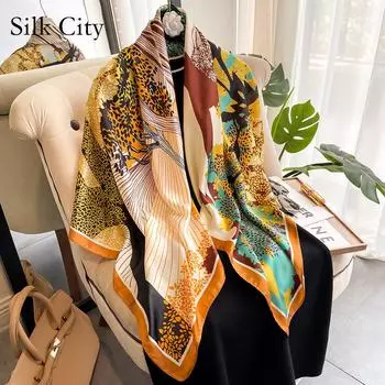 Высококачественные роскошные шелковые шарфы, повязка на голову, шарфы, шейный шарф для женщин, шелковый шарф с цепочкой, женская декоративная шаль 110-110cm