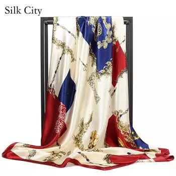 Высококачественные роскошные шелковые шарфы, повязка на голову, шарфы, шейный шарф для женщин, шелковый шарф с цепочкой, женская декоративная шаль 90*90cm красный