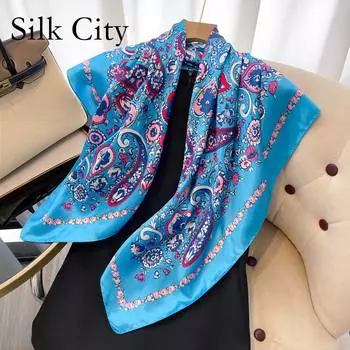 Высококачественные роскошные шелковые шарфы, повязка на голову, шарфы, шейный шарф для женщин, шелковый шарф с цепочкой, женская декоративная шаль 90*90cm чёрный