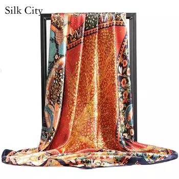 Высококачественные роскошные шелковые шарфы, повязка на голову, шарфы, шейный шарф для женщин, шелковый шарф с цепочкой, женская декоративная шаль 90*90cm зелёный