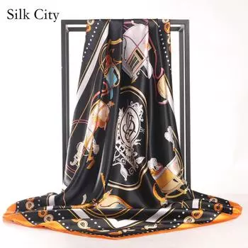 Высококачественные роскошные шелковые шарфы, повязка на голову, шарфы, шейный шарф для женщин, шелковый шарф с цепочкой, женская декоративная шаль 90*90cm