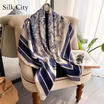Высококачественные роскошные шелковые шарфы, повязка на голову, шарфы, шейный шарф для женщин, шелковый шарф с цепочкой, женская декоративная шаль 110-110cm