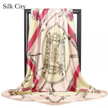 Высококачественные роскошные шелковые шарфы, повязка на голову, шарфы, шейный шарф для женщин, шелковый шарф с цепочкой, женская декоративная шаль 90*90cm красный