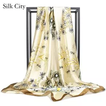 Высококачественные роскошные шелковые шарфы, повязка на голову, шарфы, шейный шарф для женщин, шелковый шарф с цепочкой, женская декоративная шаль 90*90cm жёлтый