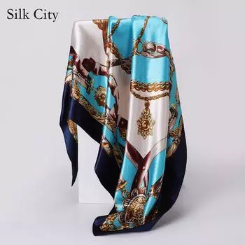 Высококачественные роскошные шелковые шарфы, повязка на голову, шарфы, шейный шарф для женщин, шелковый шарф с цепочкой, женская декоративная шаль 90cm