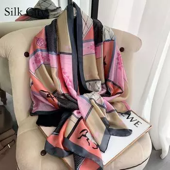 Высококачественные роскошные шелковые шарфы, повязка на голову, шарфы, шейный шарф для женщин, шелковый шарф с цепочкой, женская декоративная шаль 180-90cm