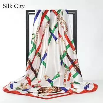 Высококачественные роскошные шелковые шарфы, повязка на голову, шарфы, шейный шарф для женщин, шелковый шарф с цепочкой, женская декоративная шаль 90*90cm