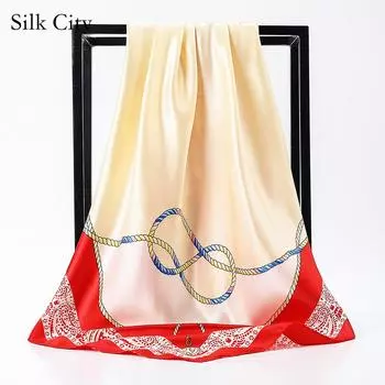 Высококачественные роскошные шелковые шарфы, повязка на голову, шарфы, шейный шарф для женщин, шелковый шарф с цепочкой, женская декоративная шаль 90*90cm красный
