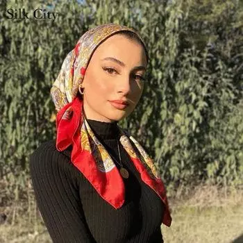Высококачественные роскошные шелковые шарфы, повязка на голову, шарфы, шейный шарф для женщин, шелковый шарф с цепочкой, женская декоративная шаль 90*90cm(vintage scarf чёрный