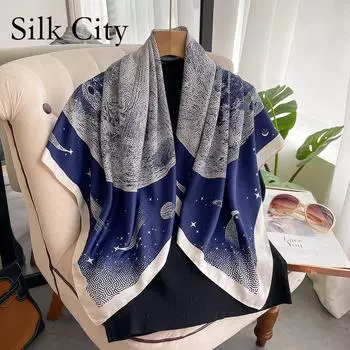 Высококачественные роскошные шелковые шарфы, повязка на голову, шарфы, шейный шарф для женщин, шелковый шарф с цепочкой, женская декоративная шаль 90-90cm жёлтый