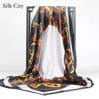 Высококачественные роскошные шелковые шарфы, повязка на голову, шарфы, шейный шарф для женщин, шелковый шарф с цепочкой, женская декоративная шаль 90*90cm чёрный