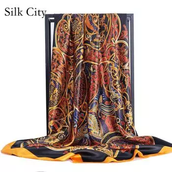 Высококачественные роскошные шелковые шарфы, повязка на голову, шарфы, шейный шарф для женщин, шелковый шарф с цепочкой, женская декоративная шаль 90*90cm