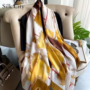 Высококачественные роскошные шелковые шарфы, повязка на голову, шарфы, шейный шарф для женщин, шелковый шарф с цепочкой, женская декоративная шаль 180-90cm