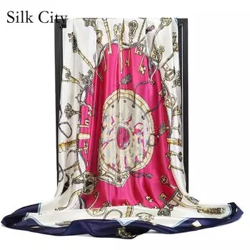 Высококачественные роскошные шелковые шарфы, повязка на голову, шарфы, шейный шарф для женщин, шелковый шарф с цепочкой, женская декоративная шаль 90*90cm
