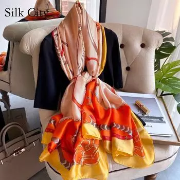 Высококачественные роскошные шелковые шарфы, повязка на голову, шарфы, шейный шарф для женщин, шелковый шарф с цепочкой, женская декоративная шаль 180-90cm